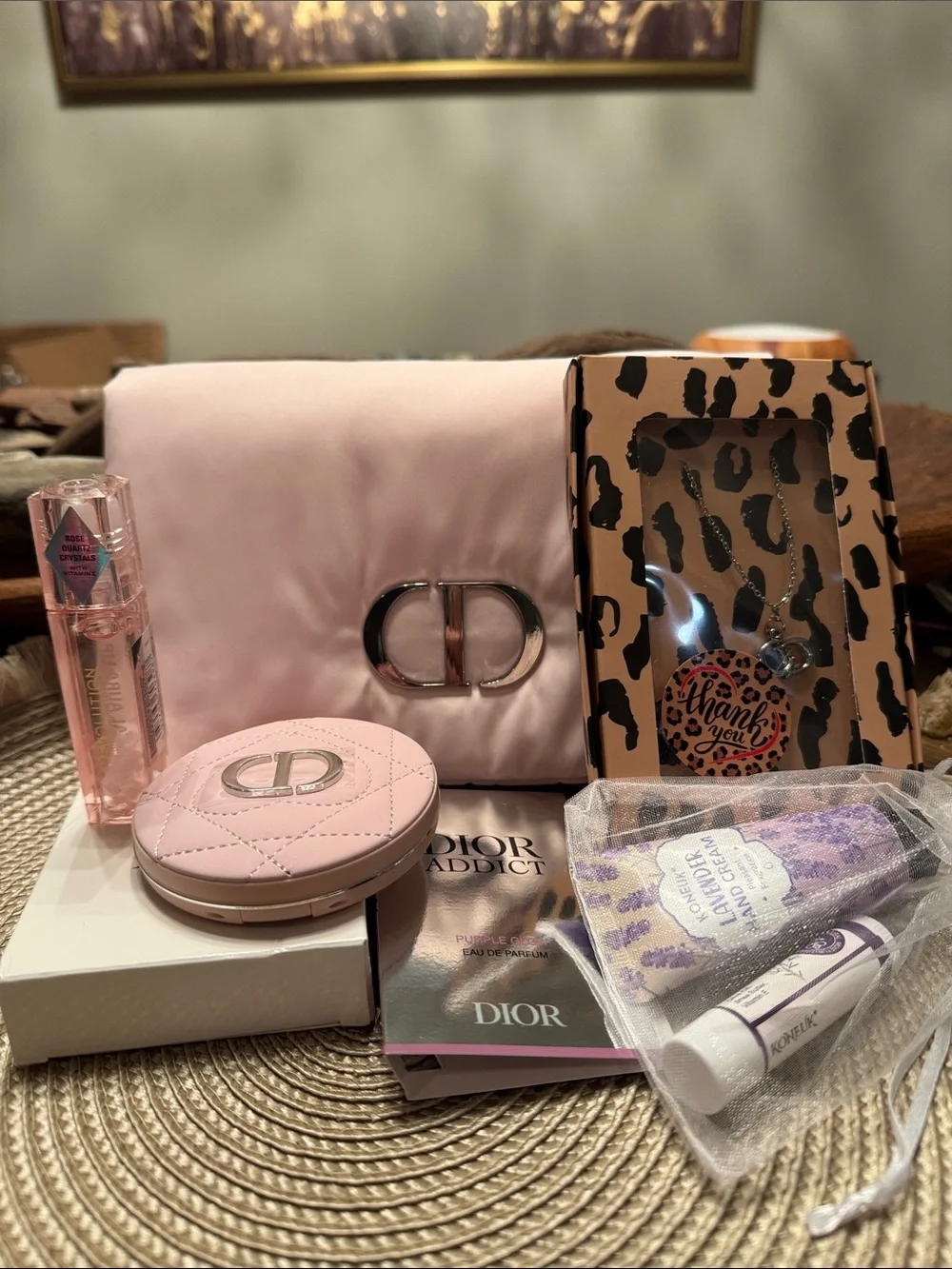 Beauty Bundle with Pink Quilted Compact, makeup bag,Lippy, lotion Necklace Set